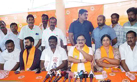 Union Minister of State Bhupathiraju Srinivas Varma and BJP leaders speaking on Akividu Ramalayam.