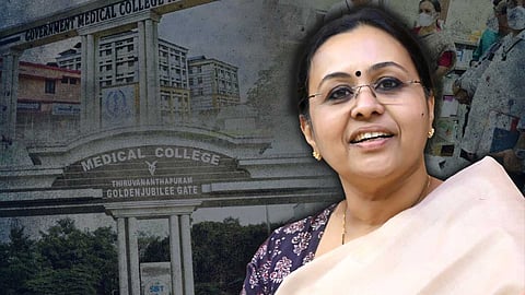 Image of Veena George against the backdrop of a government hospital
