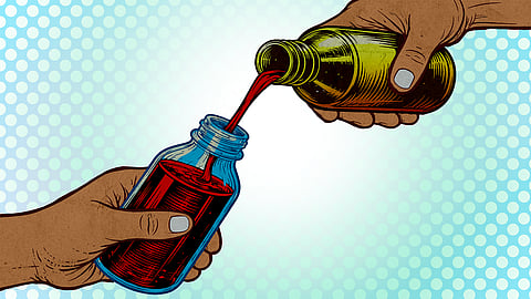 An illustration of a liquid being poured from one bottle to the other