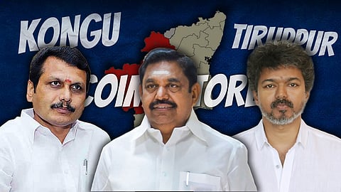 Senthil Balaji, Edappadi K Palaniswami, and Vijay. A map of Tamil Nadu, with the Kongu belt marked in red in the background.