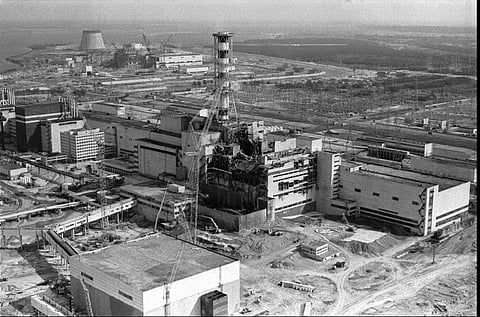 The Chernobyl nuclear plant is seen in an aerial view, showing the damage from an explosion and fire on April 26, 1986, that sent a radioactive plume over Europe.