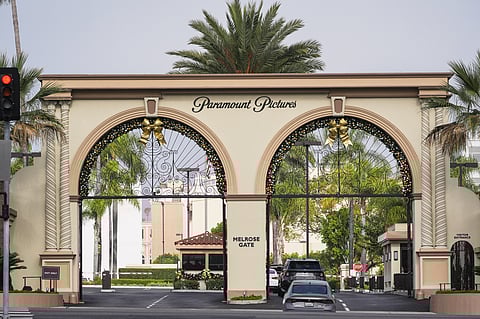 FILE - Vehicles enter Paramount Pictures in Los Angeles on Dec. 17, 2025.