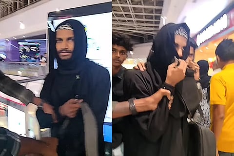 Collage of the youth wearing a burqa on the left and people catching him on the right