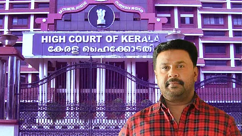 Actor Dileep in front of an image of the Kerala High Court building, with the court's name displayed prominently in English and Malayalam.