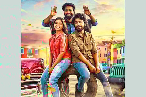 Actor GV Prakash, Amritha and Daniel Anne Pope in the first look poster of 'Vanakkamda Mappilei'.