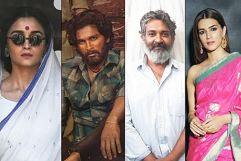 Collage of Alia Bhatt, Allu Arjun, SS Rajamouli and Kirti Sanon