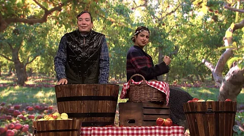 Priyanka Chopra and Jimmy Fallon compete in a game of ‘bobbing apples’, guess who wins?