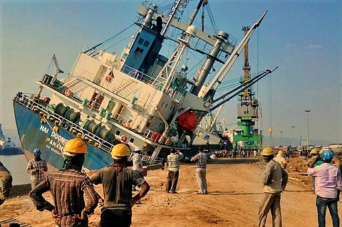 Watch: Mishap at Vizag port in Andhra, as massive ship tilts dangerously