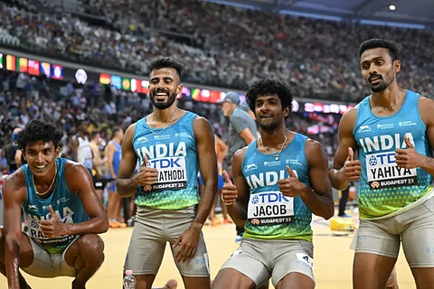 India's Muhammed Anas, Amoj Jacob, Muhammed Ajmal Variyathodi, and Rajesh Ramesh at the World Athletics Championship