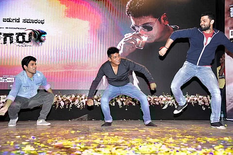 Shiva Rajkumar shakes a leg with Allu Sirish, Rakshit Shetty at ‘Tagaru’ teaser launch