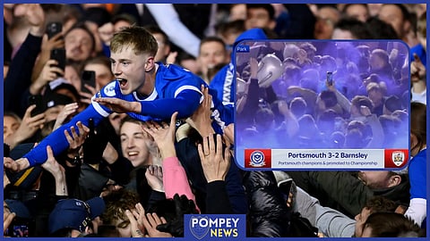 Portsmouth star Paddy Lane crowdsurfs at Fratton Park. Credit: Sky Sports