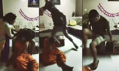 brutally beating mother