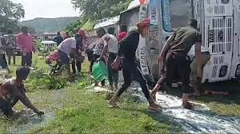 Diesel tanker overturns