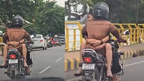 moment of young couple on bike