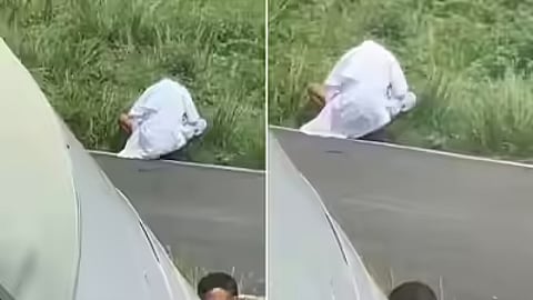 Old man urinating on runway