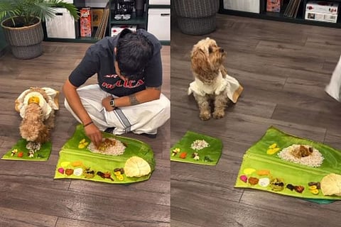 dog eating Onam meal with its owner