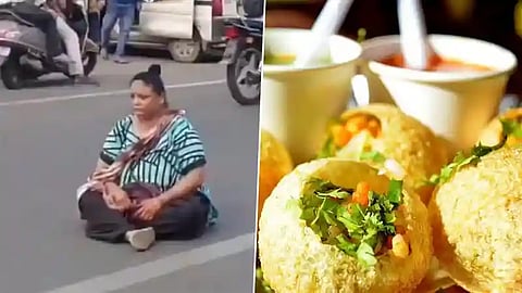 Woman protesting in road over less pani puri