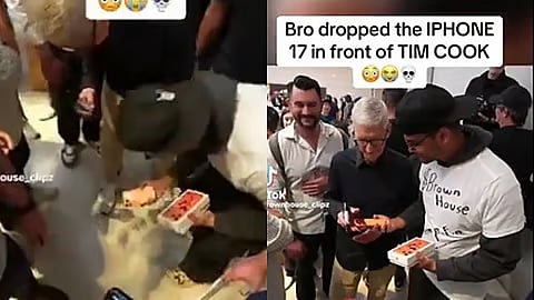 dropping iPhone 17 in front of Apple CEO Tim Cook