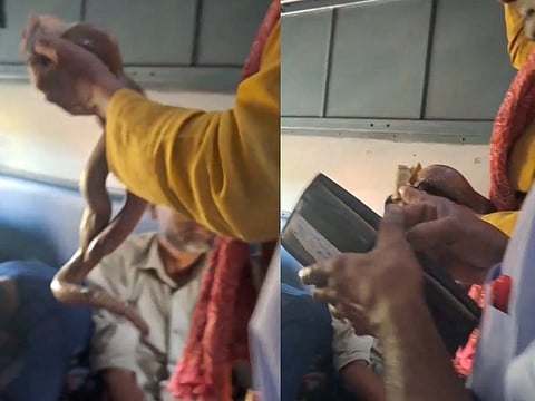 Man showing snake in train
