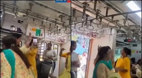 women performing Garba on a local train