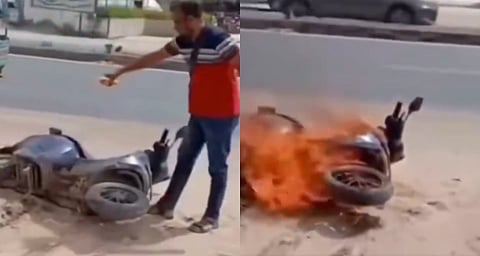 അപകടം നടന്നത് ഭാര്യയും കുഞ്ഞുമായി സഞ്ചരിക്കവെ: പരാതിപ്പെട്ടിട്ടും നടപടിയില്ല; ഓല ഷോറൂമിന് മുന്നിൽ സ്കൂട്ടർ കത്തിച്ച് ഉടമ, വീഡിയോ വൈറൽ | ola scooter
