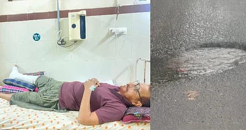 ദേശീയപാതയിലെ കുഴിയിൽ വീണ് ബൈക്ക് യാത്രികന്റെ കാലൊടിഞ്ഞു