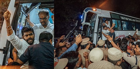 കെ അണ്ണാമലൈയേയും ബിജെപി പ്രവർത്തകരെയും പോലീസ് അറസ്റ്റ് ചെയ്ത് നീക്കി