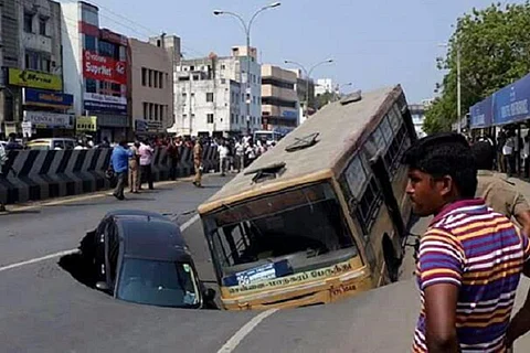 Chennai’s Anna Salai caves in, trapping bus and car in giant crater