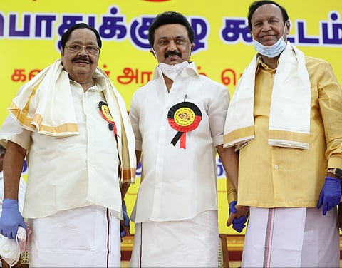 The DMK General Secretary Duraimurugan, DMK President Stalin and Treasurer TR Baalu during General Body Meeting