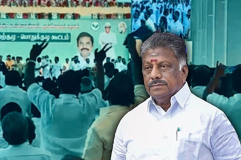 O Paneerselvam in a white shirt against the backdrop of General Council meeting held on June 23