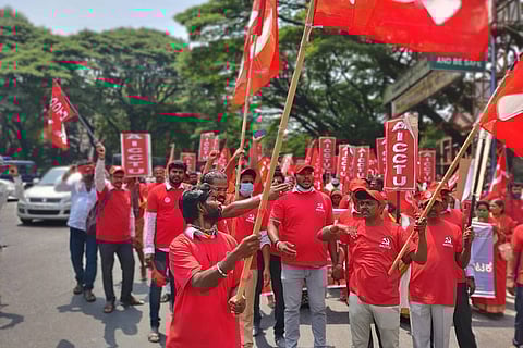 Union workers in Bengaluru undertaking their walk to Freedom Park