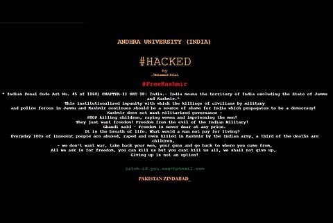 Andhra Uni website hacked, 'Pakistan Zindabad' and 'Free Kashmir' slogans displayed