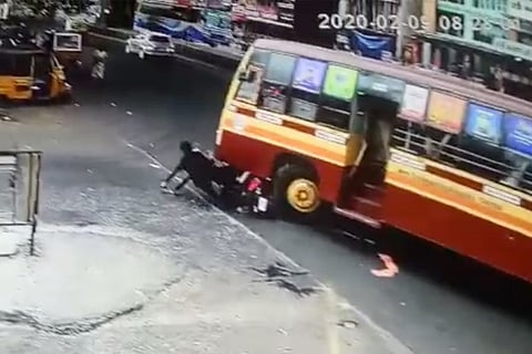 One killed as TN govt bus runs over two-wheeler, tragic accident caught on CCTV