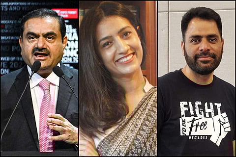 Collage of Gautam Adani, Karuna Nundy and Khurram Parvez