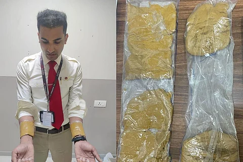 Collage of the crew member with gold tied in his hand and the gold paste