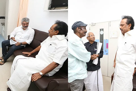 Actors Ajith and Goundamani visit Karunanidhi in Kauvery Hospital