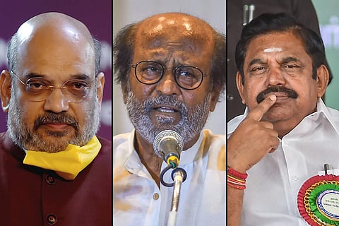 Collage of Amit Shah, Rajnikanth and EPS