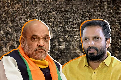 Home Minister Amit Shah on the left and BJP Kerala president K Surendran on the right with black and white crowd in the background