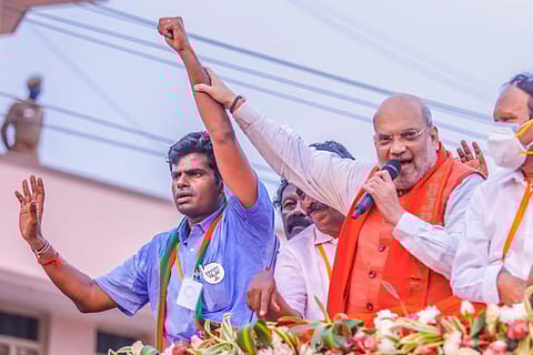 BJP Tamil Nadu president K Annamalai with Union Home Minister Amit Shah at a rally