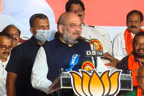 Union Home Minister Amit Shah speaking at the party's public meeting in Thiruvananthapuram