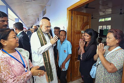 Union Home Minister Amit Shah meets people from the Kuki community at a relief camp, in Kangpokpi, Wednesday, May 31, 2023