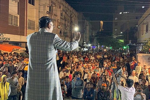 MBT leader Amjed Ullah Khan addressing a gathering in Chanchalguda ahead of GHMC polls