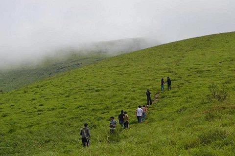 A group of people on a trek at the Ananthagiri hills near Hyderabad in Telangana