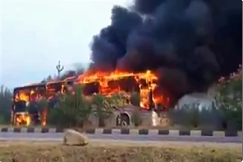 Video: Passenger bus catches fire on Andhra highway, passengers escape unhurt