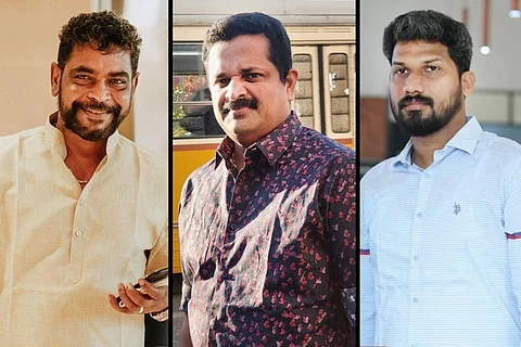 A collage of Antony Perumbavoor, Anto Joseph and Listin Stephen