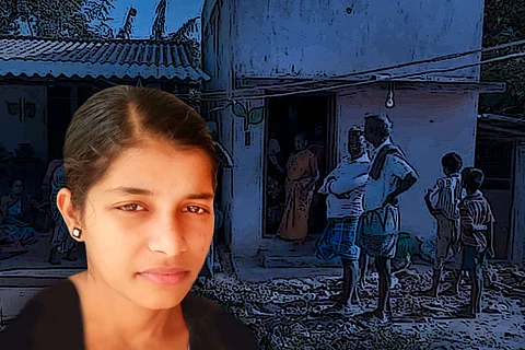 A image of girl who died due to NEET and in the background a dark image of people at her house