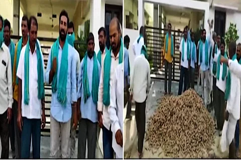 Turmeric farmers dump crop in front of BJP MP Arvind’s house in Telangana