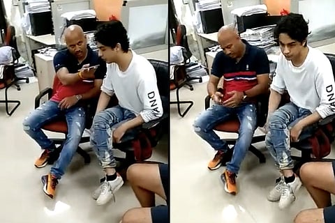Screenshot of video tweeted by Sanjay Raut which shows KP Gosavi and Aryan Khan in the NCB office