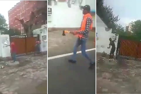 Screengrab from videos of the vandalism at Asaduddin Owaisi's house in New Delhi