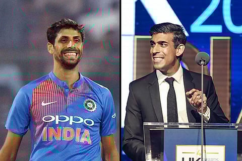A collage of Indian cricketer Ashish Nehra and Rishi Sunak